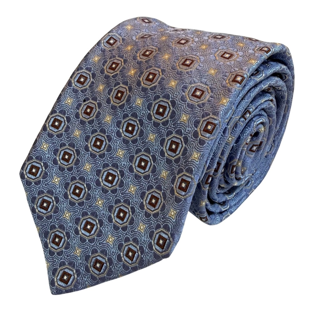 John W. Nordstrom Tie Mens Geometric Medallion Blue Gold Silk Made in USA NWT